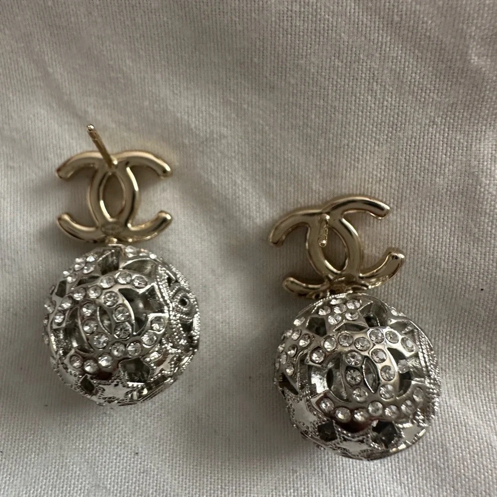 🌟 CHANEL CC Drop Earrings with Silver Crystal-Filled Spheres